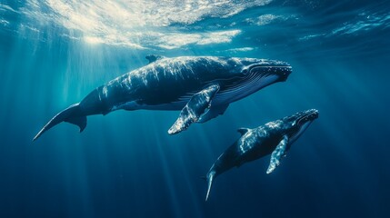 Humpback whales swimming with calf underwater scene marine life ocean environment close-up view nature's majesty