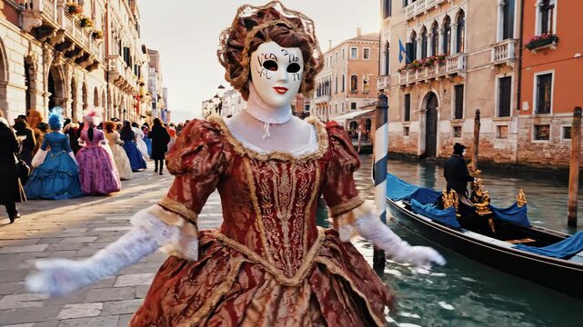 Woman in historical costume and mask posing for venice carnival with canal and gondola, festive event footage