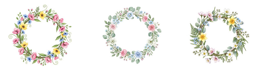 Obraz premium Three beautiful floral wreaths on transparent background