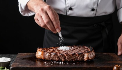 Chef preparing healthy food with salt on steak black background culinary art close-up viewpoint mastering cook techniques