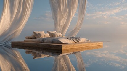 Serene floating bed on calm water under soft clouds and gentle drapery at sunrise