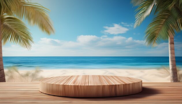 wooden deck podium on tropical beach with palm trees and blue sky background beach podium summer background product 3d display platform - Powered by Adobe