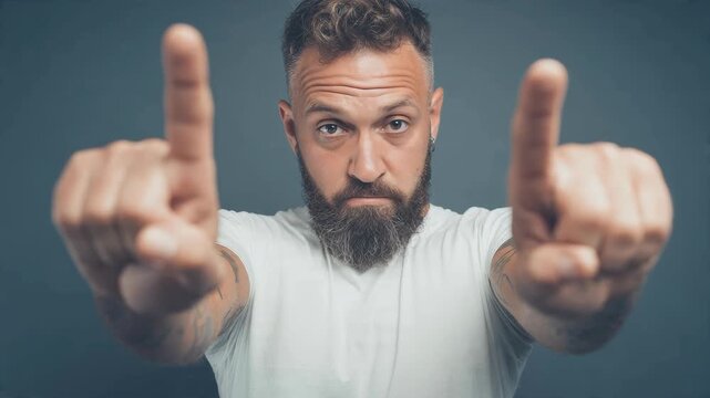Man expressing disapproval with finger gesture and facial expression change