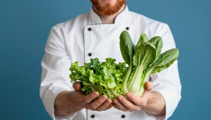 Healthy food cook chef holding fresh greens against black background culinary art culinary techniques gourmet presentation