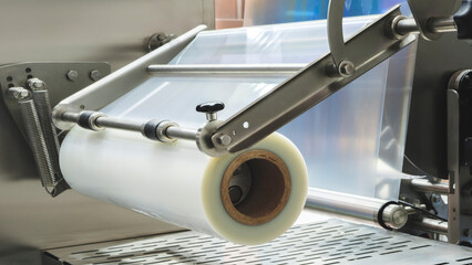 Automatic polyethylene plastic bag production machine with lighting effect. Close-up roller plastic...