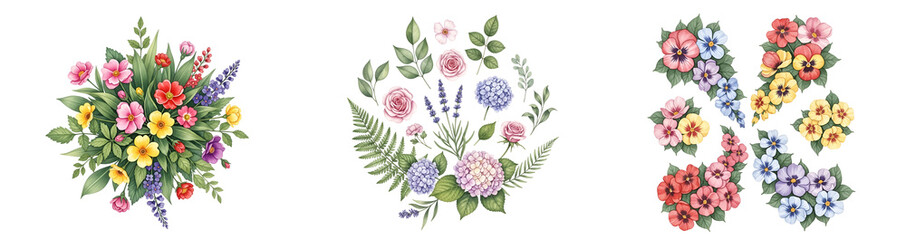 Obraz premium Three colorful floral arrangements on transparent background