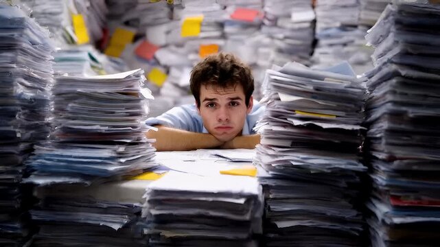 Tax return season. A young man is surrounded by stacks of papers and sticky notes, suggesting he is overwhelmed by work. The scene is set in an office environment.