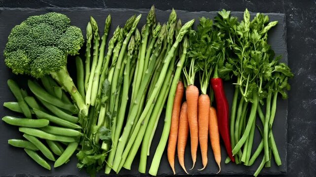 Organic food. Healthy quality lifestyle. A topdown view of fresh vegetables laid out on a slate surface. The vegetables include broccoli, asparagus, carrots, green beans, and red chili peppers.