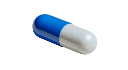 Close-up of a blue and white capsule, pharmaceutical medicine, with a smooth, shiny texture