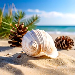 Seashell and Pine Cones on Sandy Beach - Coastal Still Life.