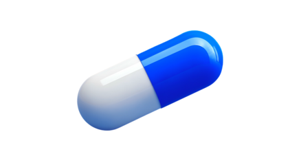 Glossy, two-toned medication capsule, with a rounded shape, against a solid black background