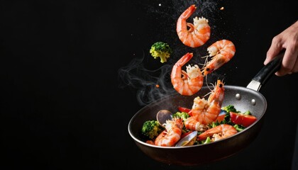 Healthy chef cooking shrimp and broccoli stir-fry black background action shot culinary art vibrant ingredients for healthy food enthusiasts