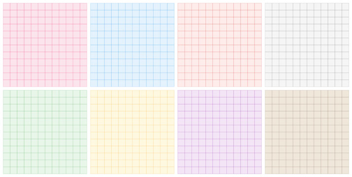 8色のカラー方眼紙シームレスパターンのセット　カラフルなグリッド背景画像ベクターイラスト
