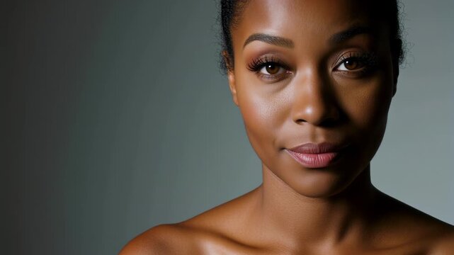 Close up portrait of Ethiopian woman with unique beauty features posing in studio with high detail, isolated face of african female model looking at camera lens.