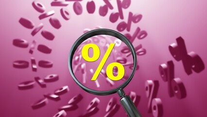 Magnifying glass focuses on bright yellow percent symbol amidst swirling 3D percentage signs on pink gradient background