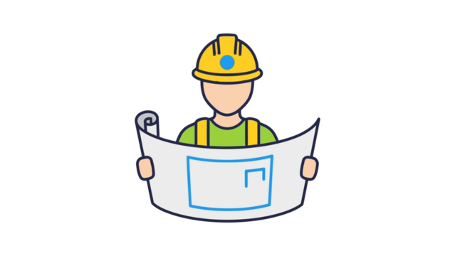 Construction worker in hard hat reviewing blueprints for building project - Powered by Adobe