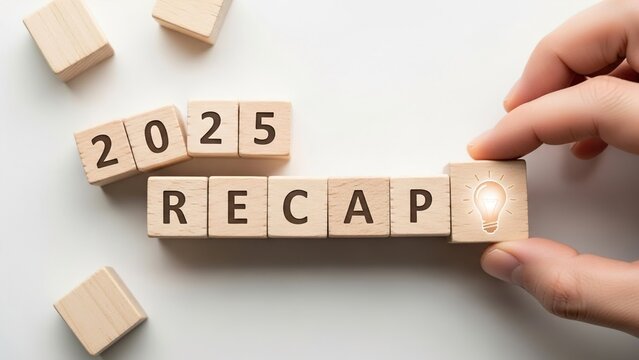Hand arranging wooden blocks to spell 2025 recap with a glowing lightbulb symbolizing new ideas and innovation for the year ahead