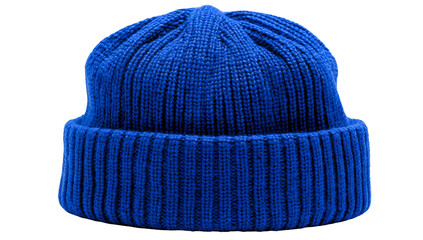 A close-up studio shot of a bright blue ribbed-knit winter beanie, isolated on black