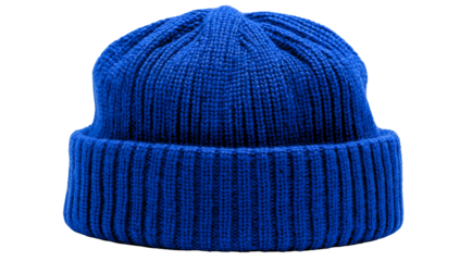 A close-up studio shot of a bright blue ribbed-knit winter beanie, isolated on black