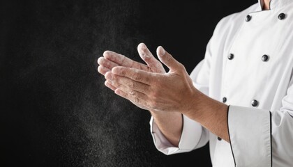 Chef preparing healthy food with flour on black background culinary action shot professional kitchen environment focus on cook's technique