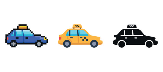 Fototapeta premium Variety of taxi icons: pixel art, flat design, silhouette taxi illustrations