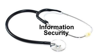 Stethoscope with "Information Security" text on white background, symbolizing data protection and cyber health.
