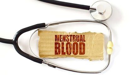 Stethoscope encircling torn cardboard with bold red text 'MENSTRUAL BLOOD' on white background, medical concept