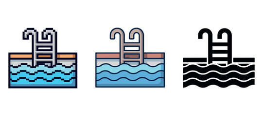 Fototapeta premium Swimming pool icon set with ladder in pixel, color, and silhouette designs