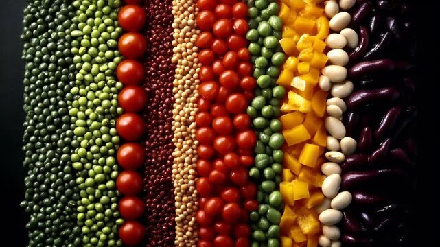 Organic food. Healthy quality lifestyle. A closeup of a vibrant assortment of vegetables arranged in a grid pattern. The vegetables include green peas, red tomatoes, yellow bell peppers.