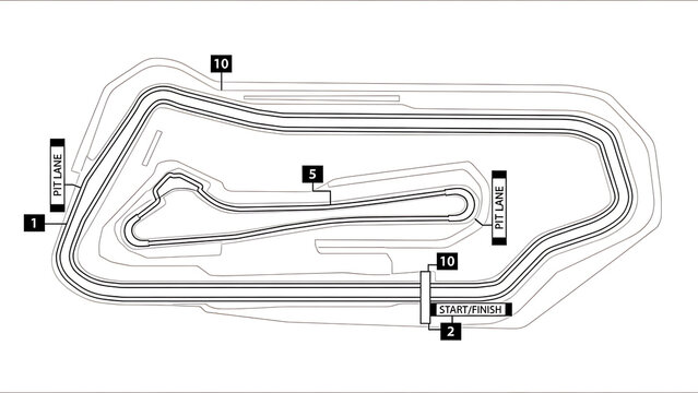 Race track layout diagram with pit lane and start finish line