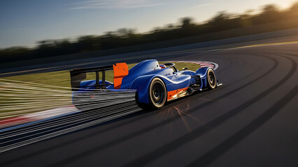 Obraz premium High speed race car driving on asphalt track at sunset