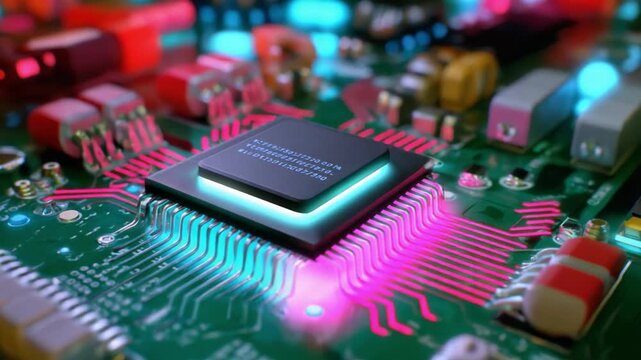 Exploring the Intricacies of a High-Tech Microprocessor on a Circuit Board Lit by Colorful LEDs: A Detailed Glimpse into Modern Electronics and Circuitry Design Aesthetics