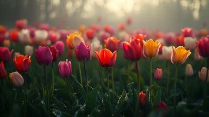 Fototapeta premium Vibrant tulip blooming event in a serene dutch garden nature photography early morning light colorful floral display