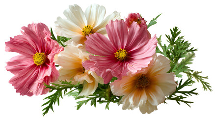 Obraz premium Close-up of colorful cosmos flowers with yellow centers and green foliage