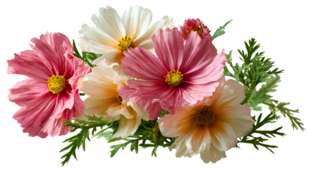 Close-up of colorful cosmos flowers with yellow centers and green foliage