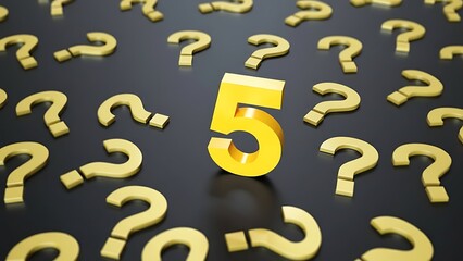 Golden number 5 stands out among scattered golden question marks on a dark background, symbolizing a solution or answer to a query