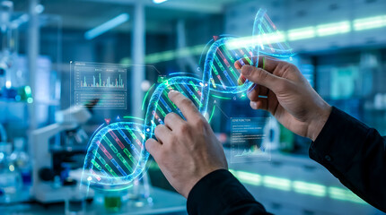 Scientist Analyzing Holographic DNA Helix Structure on Digital Interface in Futuristic Medical Laboratory