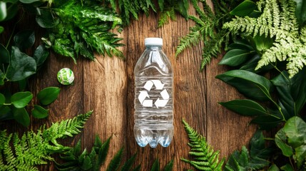 Recycling awareness campaign featuring plastic bottle surrounded by lush greenery nature setting still life composition environmental focus