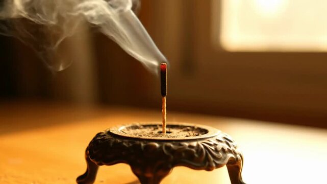 Incense smoke wafts gently from a holder, creating a serene atmosphere.