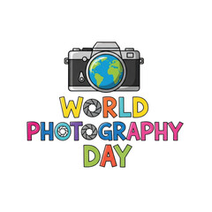 World photography day camera and globe icon isolated on transparent background