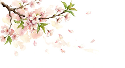 Fototapeta premium Watercolor cherry blossom branch with falling petals illustration. Spring pink sakura flower background isolated on white.
