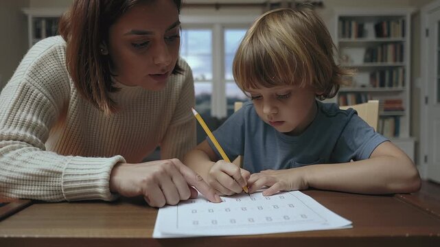 Mother teaching child to write at home in warm family setting