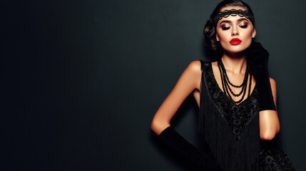 elegant woman in vintage 1920s flapper fashion with red lips black dress beaded headband and glamorous makeup on dark background