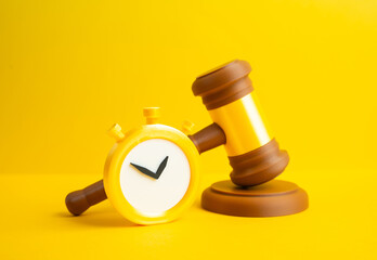 The judge's gavel and stopwatch. A verdict of temporary restraint. Probation, conditional release. Justice timing concept, legal limits and supervision period.