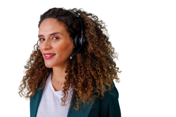 Smiling customer service representative wearing headset, providing remote assistance and support, transparent background