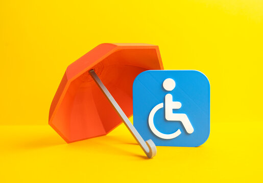 Red umbrella and symbol of a person with a disability. Health and life insurance. Protection concept, social security, risk coverage and care systems ensuring stability, dignity