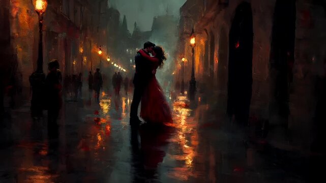 Paris, France, Europe. A vivid, atmospheric painting of a couple dancing in the rain on a city street at night. The style is reminiscent of romanticism.