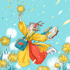Joyful girl celebrating spring with flowers and books