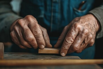 Old man fixing small wooden object in garage, nostalgic tones