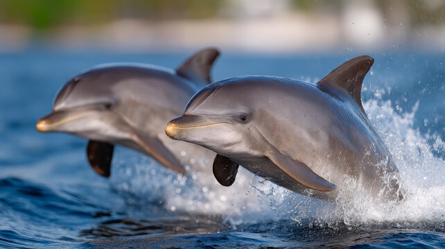 Two dolphins jumping in the ocean amidst splashing water.